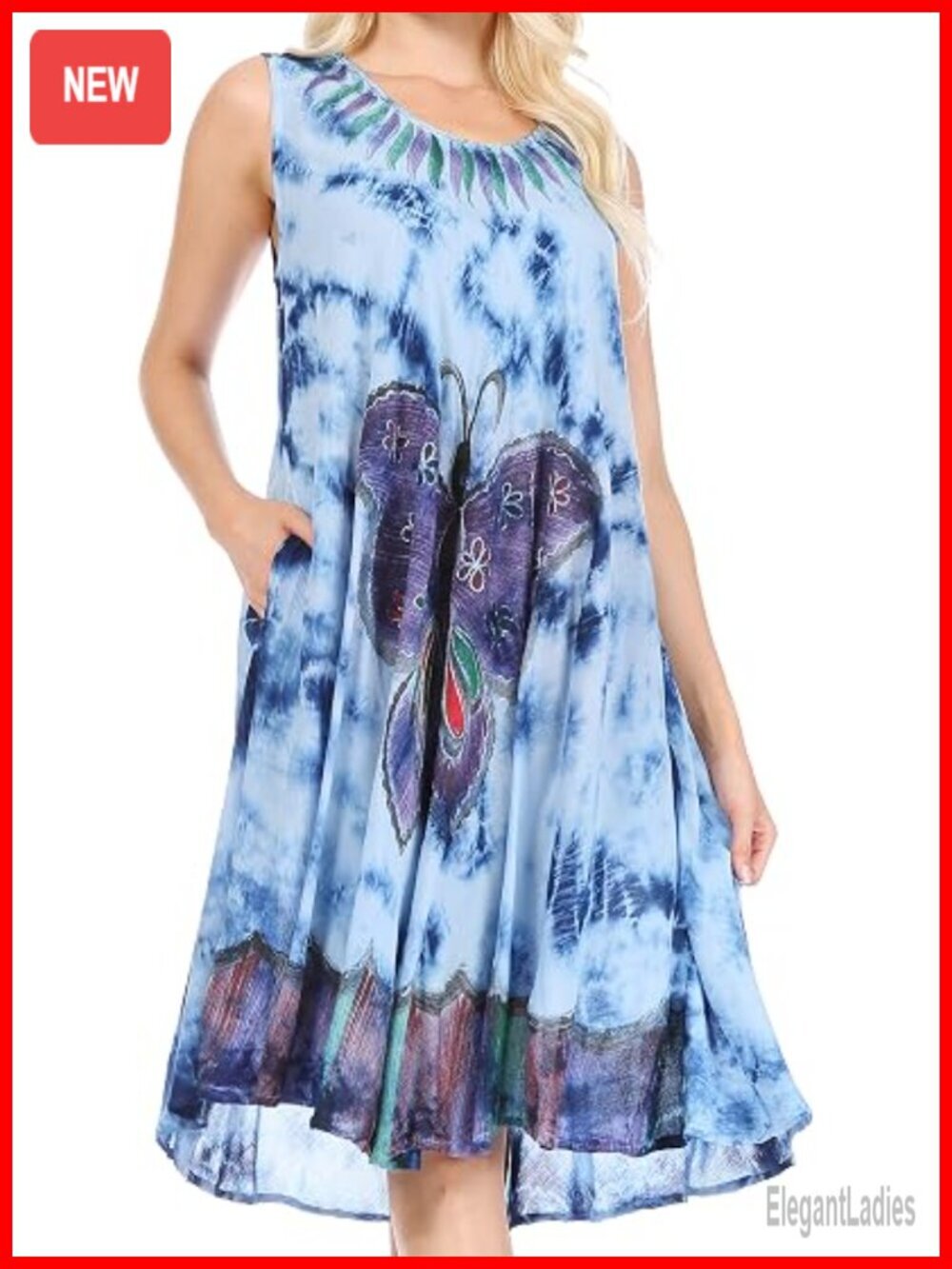 Relaxed Fit Sleeveless Tie Dye Sheath Caftan Dress with Embroidered Butterfly